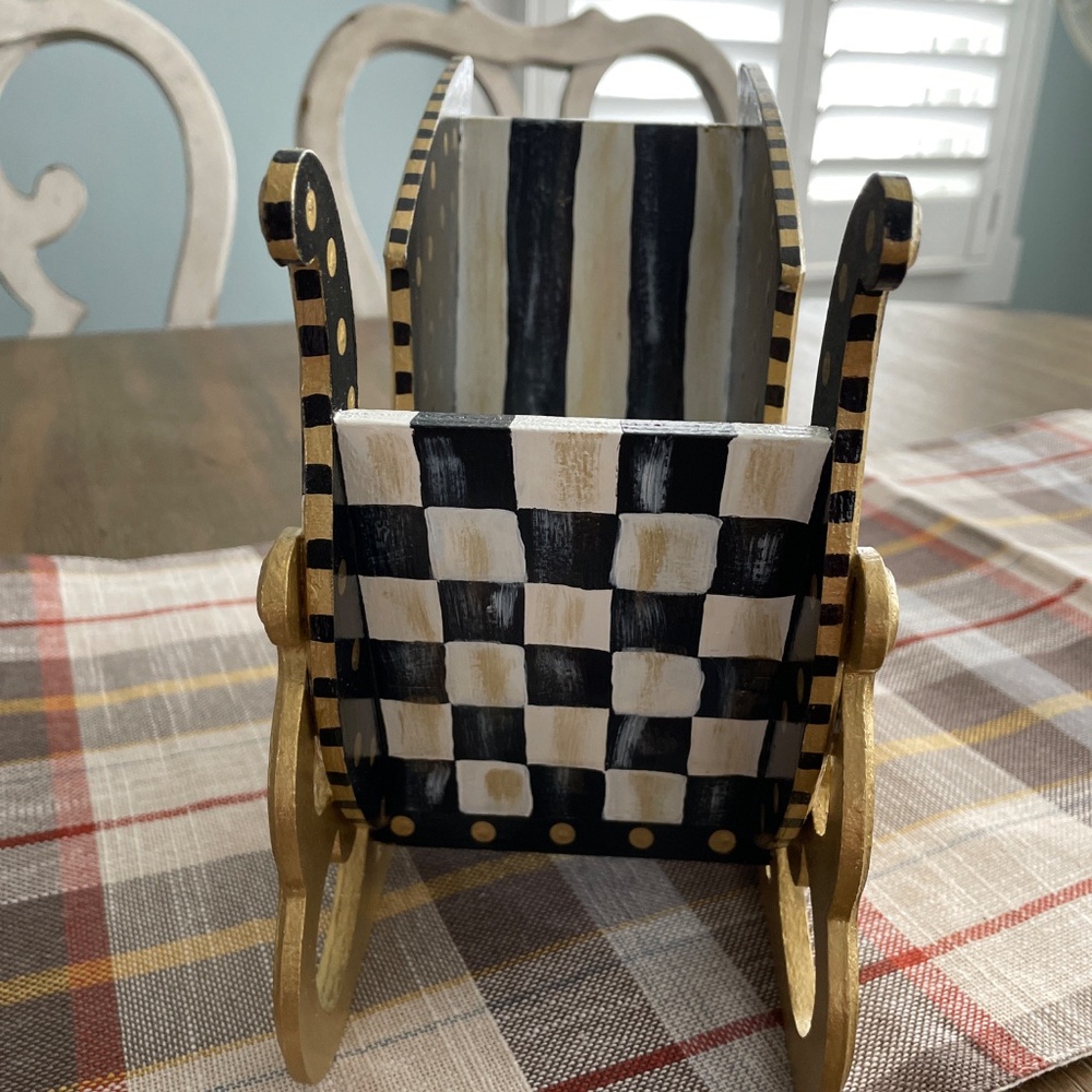 Mackenzie Childs Pattern Hand Painted Sleigh Black, White & Gold - Picture 2 of 7